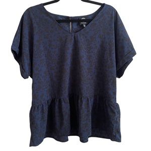 Bobeau Peplum Ruffle Blouse Top in Blue and Black Floral, Size Extra Large, XL